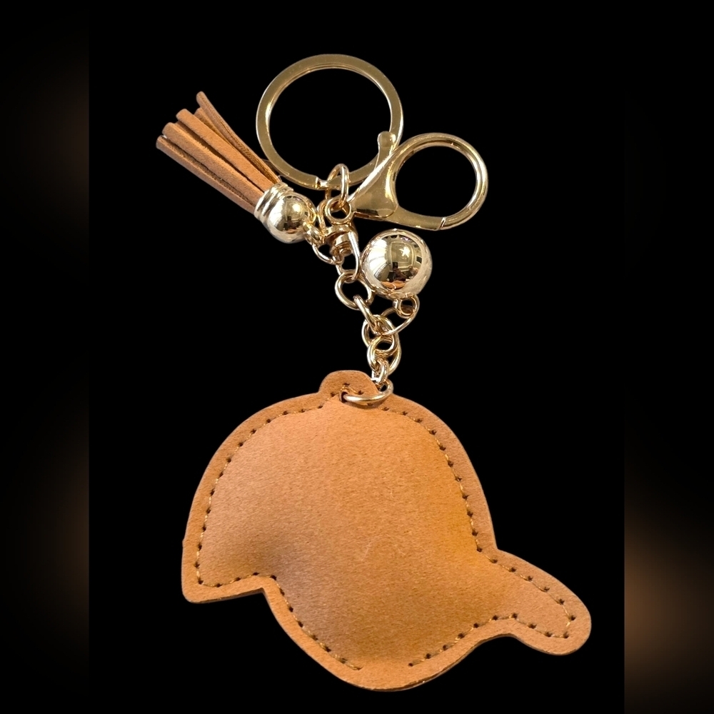 Gold Rhinestone Baseball Cap Bag Charm Keychain - Picture 2 of 2